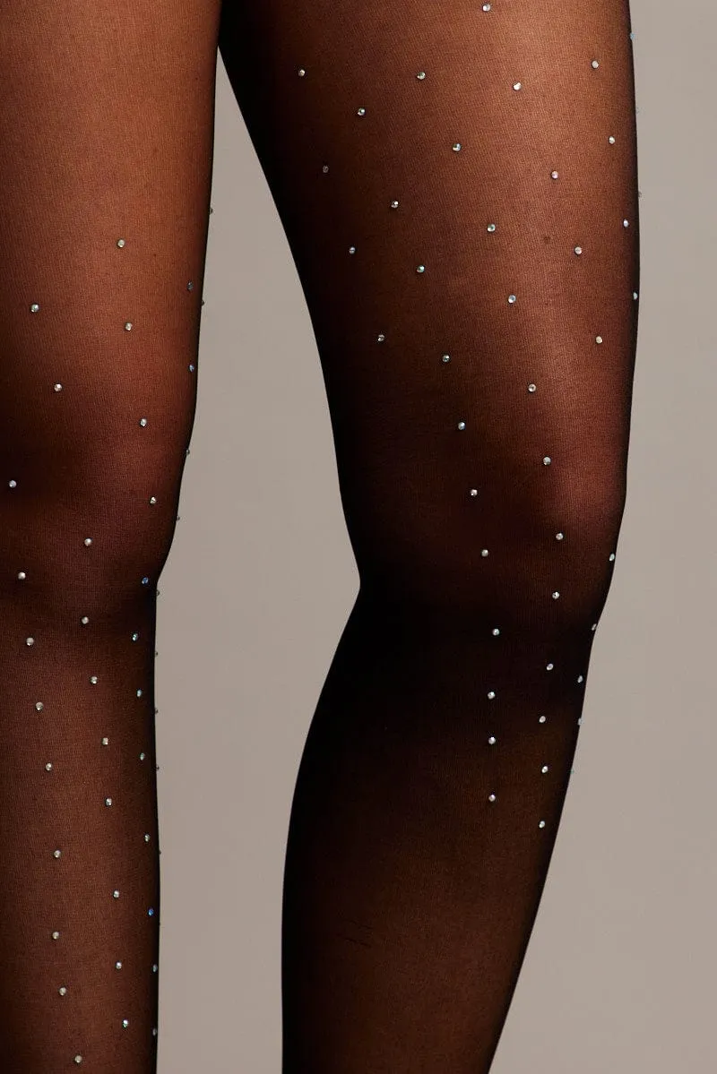 Black Rhinestones Detail Tights