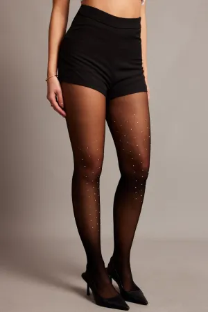 Black Rhinestones Detail Tights