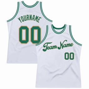 Custom White Kelly Green-Old Gold Authentic Throwback Basketball Jersey