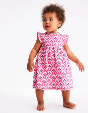 Jersey Frill Sleeve Dress-Pink Rose Woodblock Floral