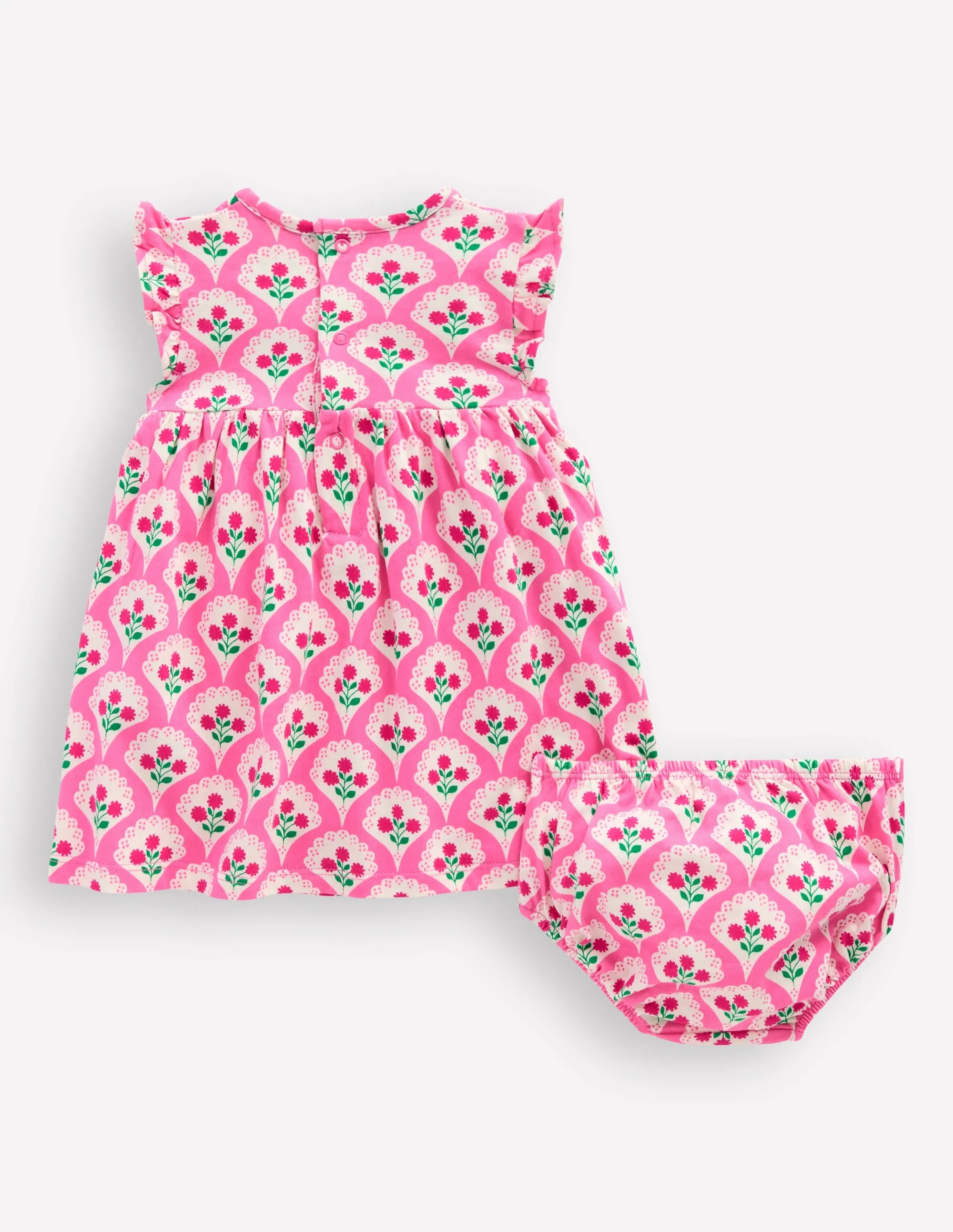 Jersey Frill Sleeve Dress-Pink Rose Woodblock Floral