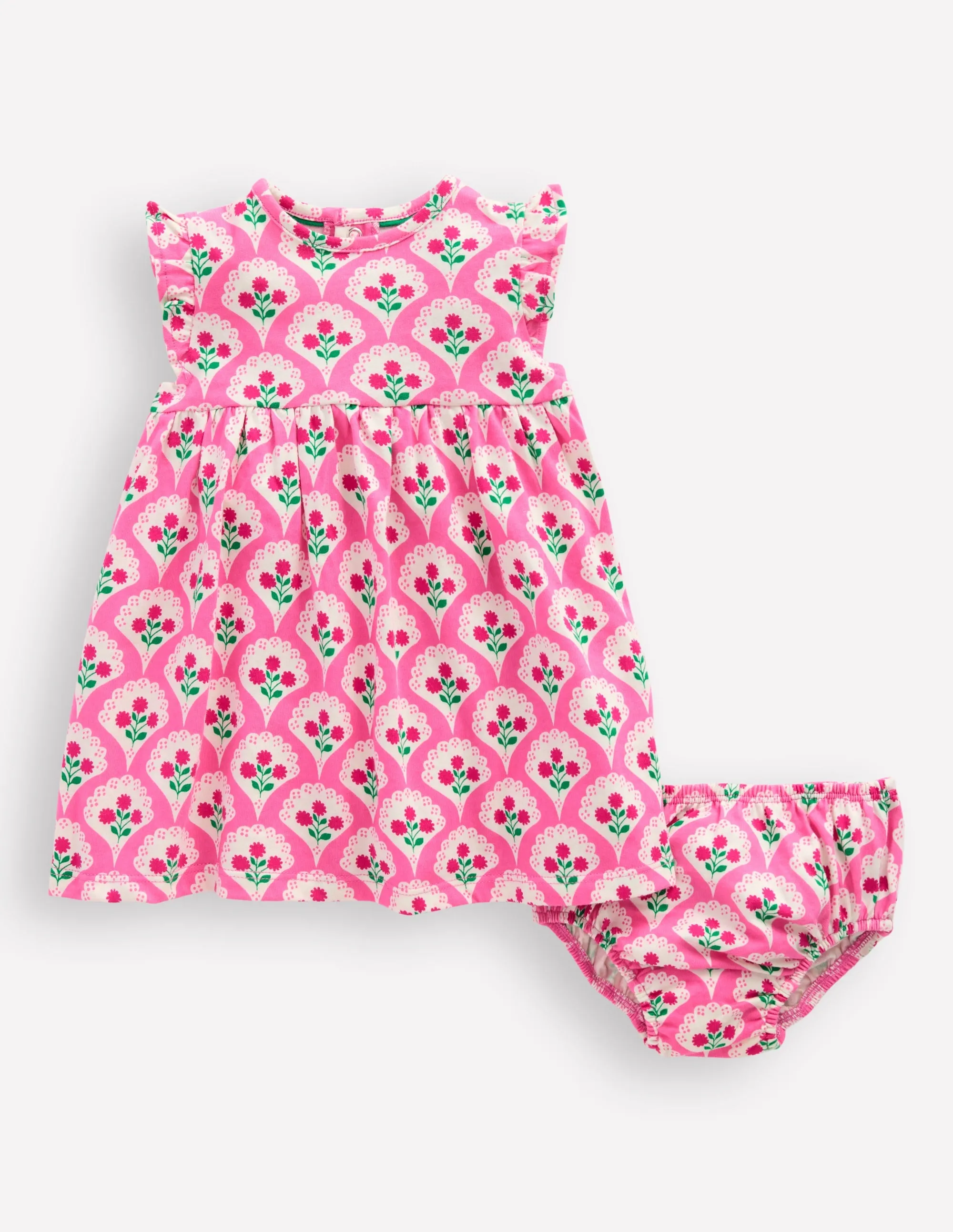 Jersey Frill Sleeve Dress-Pink Rose Woodblock Floral