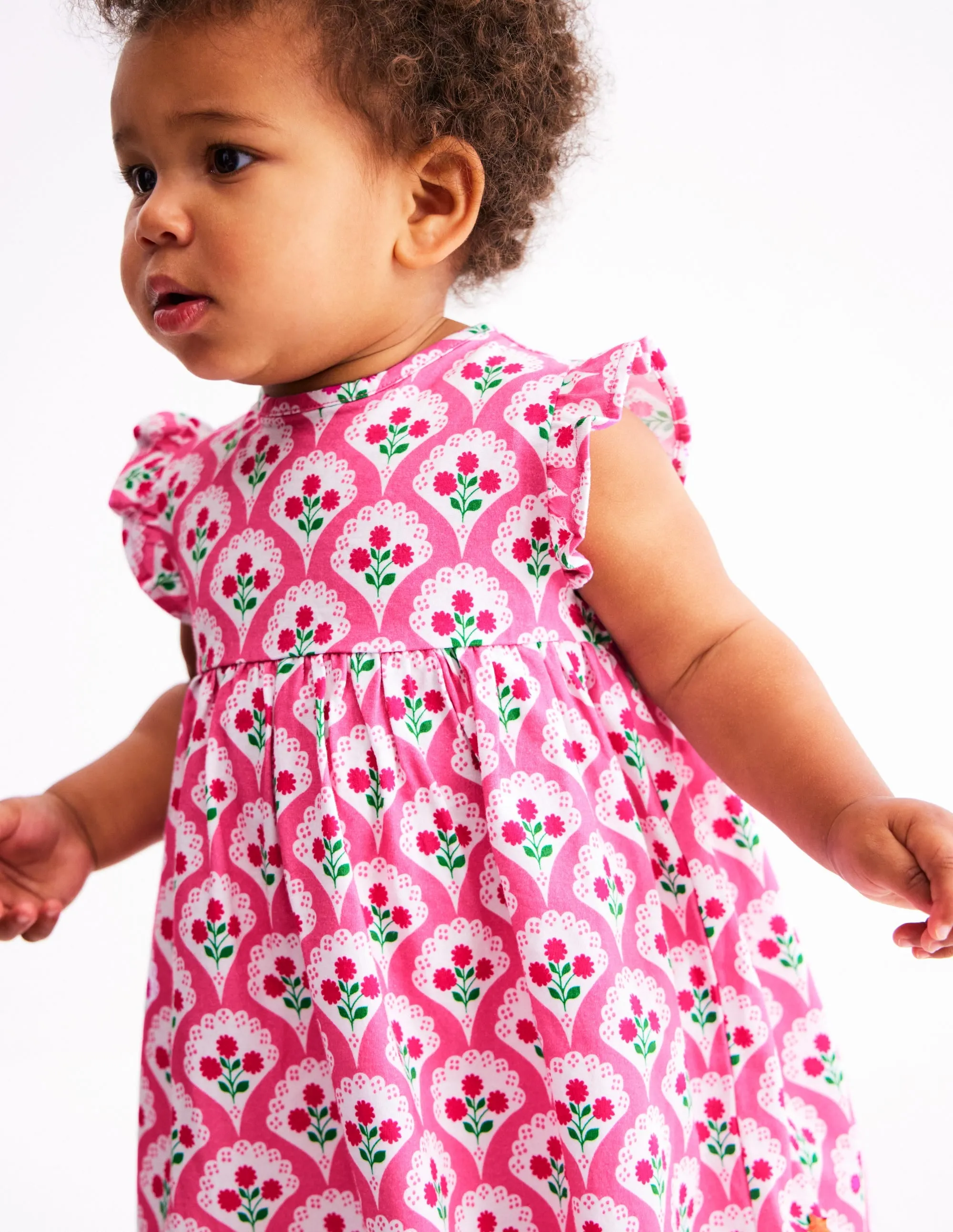 Jersey Frill Sleeve Dress-Pink Rose Woodblock Floral
