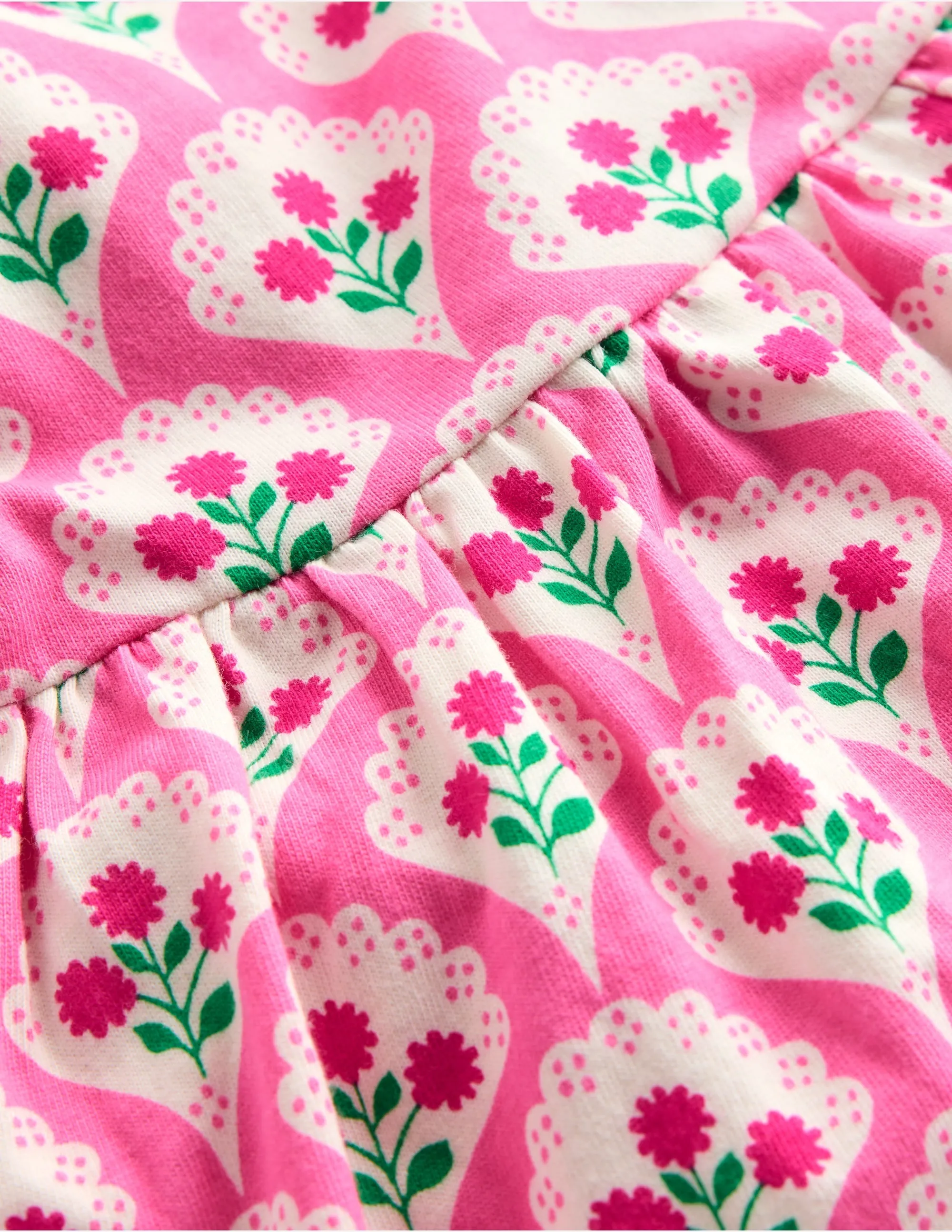 Jersey Frill Sleeve Dress-Pink Rose Woodblock Floral