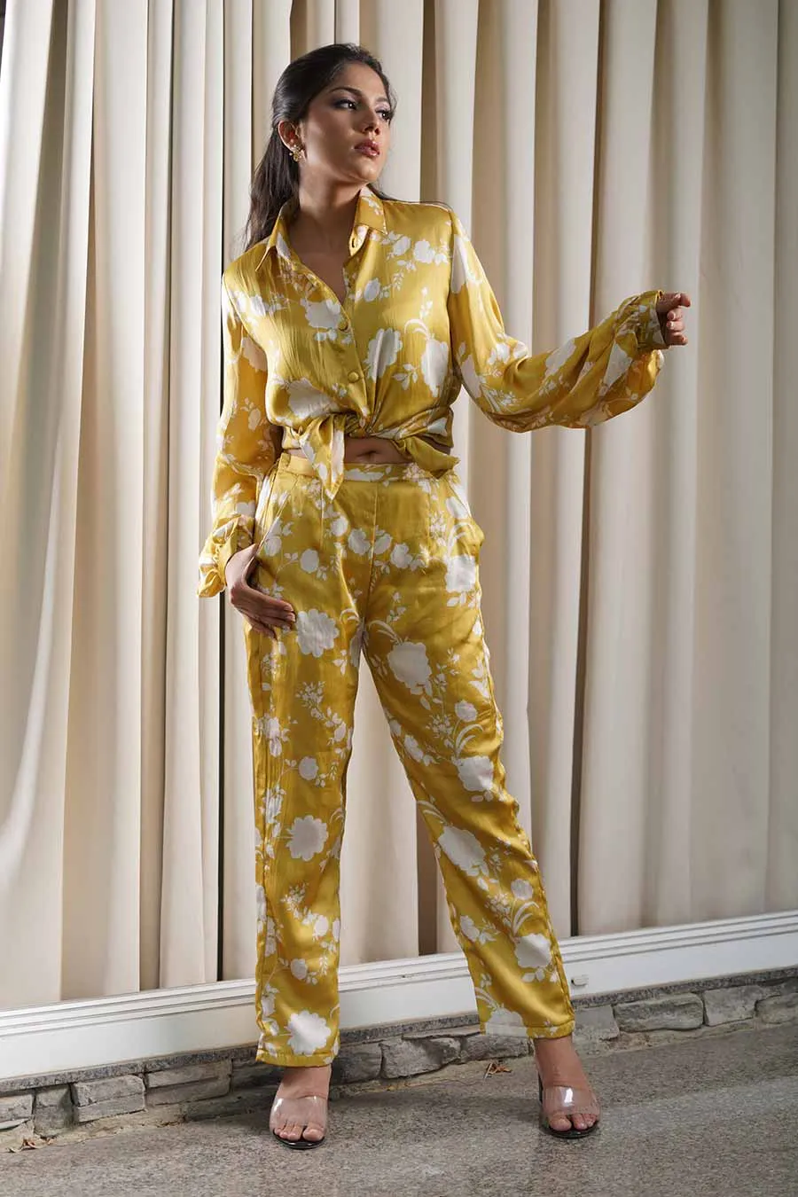 Yellow Printed Shirt & Pants Co-Ord Set